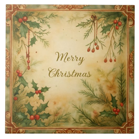 ヴィンテージ、クリスマスアートワークMerry Christmas Pattern タイル (正面)