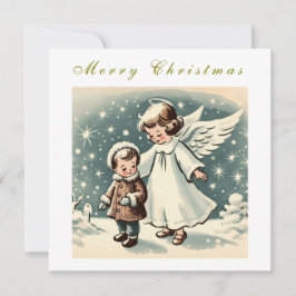 ヴィンテージ クリスマスエンジェルと子供 フラットカード