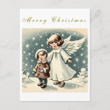 ヴィンテージ クリスマスエンジェルと子供 フラットカード