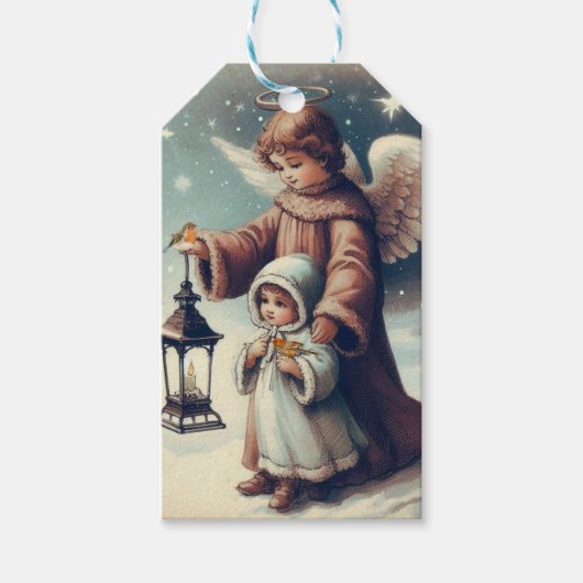 ヴィンテージ クリスマスエンジェル、子供と鳥 ギフトタグ (正面)