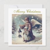 ヴィンテージ クリスマスエンジェル、子供と鳥 シーズンカード (正面)