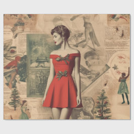 ヴィンテージ クリスマスコラージュ 赤いドレスの女性 ギフトラッピング ラッピングペーパー