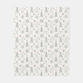 ヴィンテージ クリスマスツリーとハートのフリースブランケット フリースブランケット