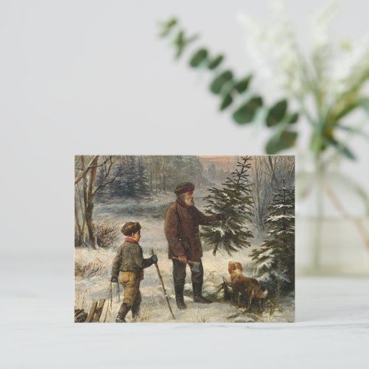 ヴィンテージ – クリスマスツリーを選ぶ父と息子 シーズンポストカード (スタンド正面)