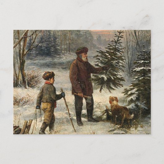 ヴィンテージ – クリスマスツリーを選ぶ父と息子 シーズンポストカード (正面)