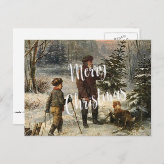 ヴィンテージ – クリスマスツリーを選ぶ父と息子 シーズンポストカード (正面/裏面)
