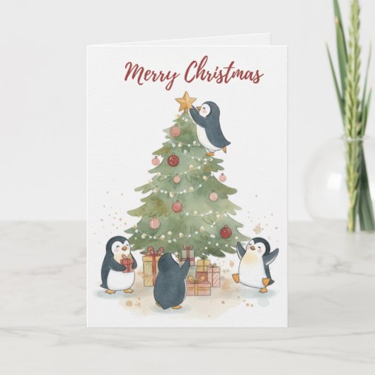 ヴィンテージ クリスマスツリー ペンギン グリーティングカード (正面)