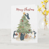 ヴィンテージ クリスマスツリー ペンギン グリーティングカード (黄色い花)