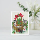 ヴィンテージ クリスマスバスケット 満杯の子猫たち シーズンカード (スタンド正面)