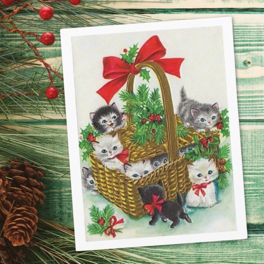 ヴィンテージ クリスマスバスケット 満杯の子猫たち シーズンカード