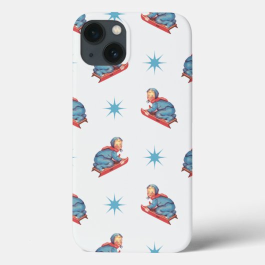 ヴィンテージ クリスマスパターン 雪の中でそり遊びをする子供 Case-Mate iPhoneケース (裏面)