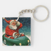 ヴィンテージ クリスマス、かわいい車に乗ったサンタクロース キーホルダー (裏面)