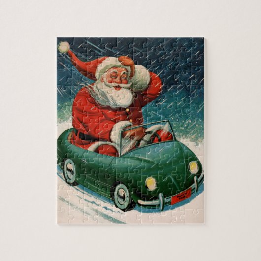 ヴィンテージ クリスマス、かわいい車に乗ったサンタクロース ジグソーパズル (縦)