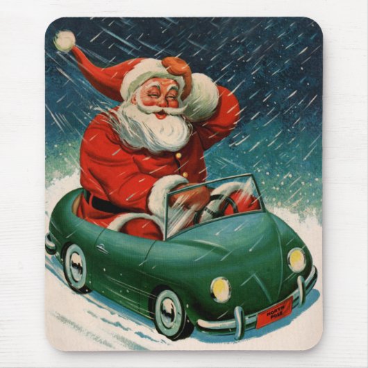 ヴィンテージ クリスマス、かわいい車に乗ったサンタクロース マウスパッド (正面)
