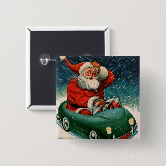 ヴィンテージ クリスマス、かわいい車に乗ったサンタクロース 缶バッジ (正面&裏面)