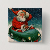 ヴィンテージ クリスマス、かわいい車に乗ったサンタクロース 缶バッジ (正面)