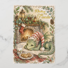ヴィンテージ クリスマス かわいい 赤ちゃんドラゴン サンタ待ち 箔シーズンカード