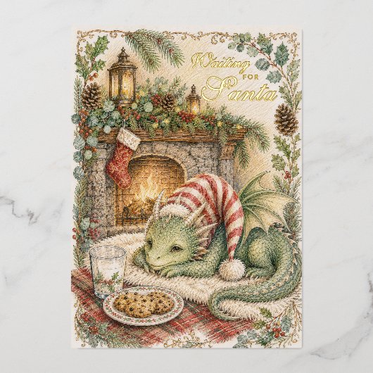 ヴィンテージ クリスマス かわいい 赤ちゃんドラゴン サンタ待ち 箔シーズンカード (正面)