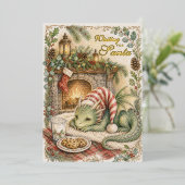 ヴィンテージ クリスマス かわいい 赤ちゃんドラゴン サンタ待ち 箔シーズンカード (立ち正面)