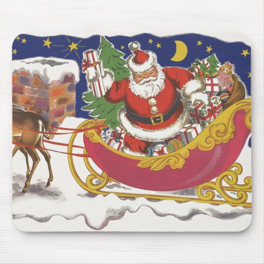 ヴィンテージ クリスマス、そりと陽気なサンタクロース マウスパッド (正面)