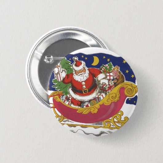 ヴィンテージ クリスマス、そりと陽気なサンタクロース 缶バッジ (正面&裏面)