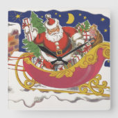 ヴィンテージ クリスマス、そりのサンタクロース スクエア壁時計 (正面)