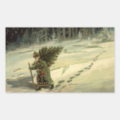 ヴィンテージ クリスマス、もみの木を運ぶサンタクロース 長方形シール (正面)