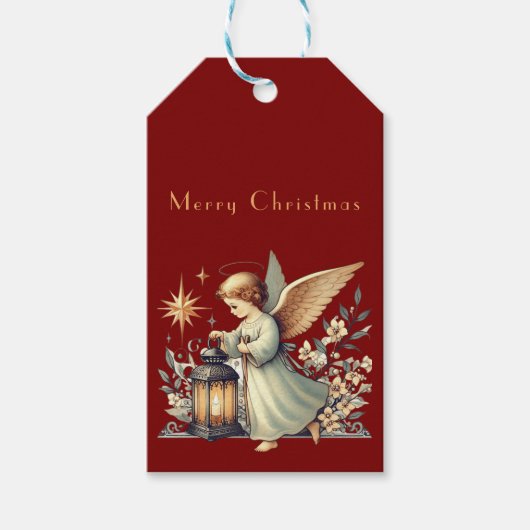ヴィンテージ クリスマス エンジェルとランタン ギフトタグ (正面)