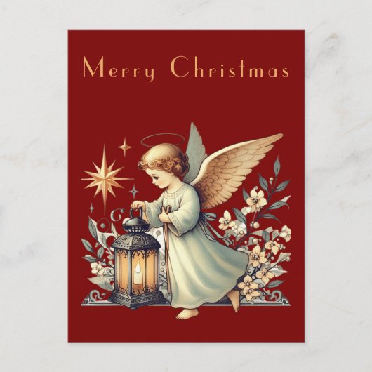 ヴィンテージ クリスマス エンジェルとランタン ポストカード (正面)