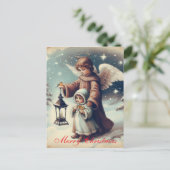 ヴィンテージ クリスマス エンジェル、子供と鳥 ポストカード (スタンド正面)