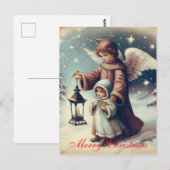 ヴィンテージ クリスマス エンジェル、子供と鳥 ポストカード (正面/裏面)