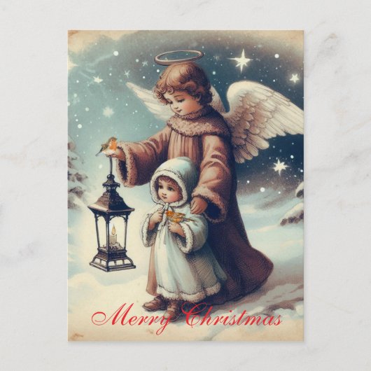ヴィンテージ クリスマス エンジェル、子供と鳥 ポストカード (正面)