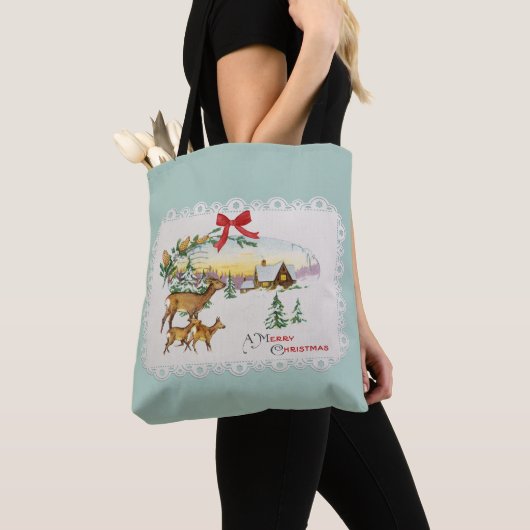ヴィンテージ クリスマス キャビン & シカ トートバッグ (クローズアップ)