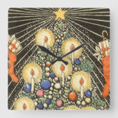 ヴィンテージ クリスマス、キャンドルと星のツリー スクエア壁時計 (正面)