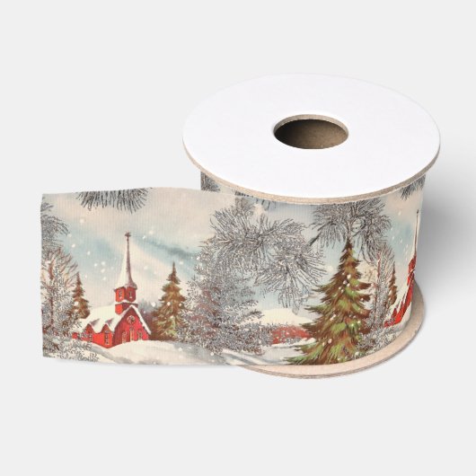 ヴィンテージ クリスマス キラキラ冬の村 グログランリボン (リール)