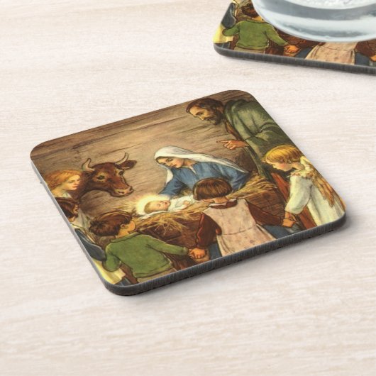 ヴィンテージ クリスマス、キリストの降誕の宗教的イラスト コースター (左側)