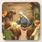 ヴィンテージ クリスマス、キリストの降誕の宗教的イラスト コースター (正面)