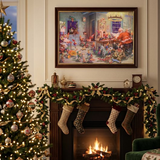 ヴィンテージ クリスマス サンタクロースとエルフの工房 ポスター