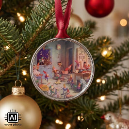 ヴィンテージ クリスマス サンタクロースとエルフの工房 メタルオーナメント