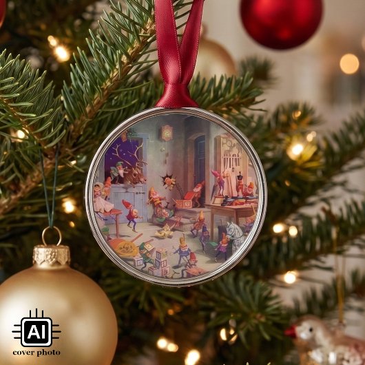 ヴィンテージ クリスマス サンタクロースとエルフの工房 メタルオーナメント