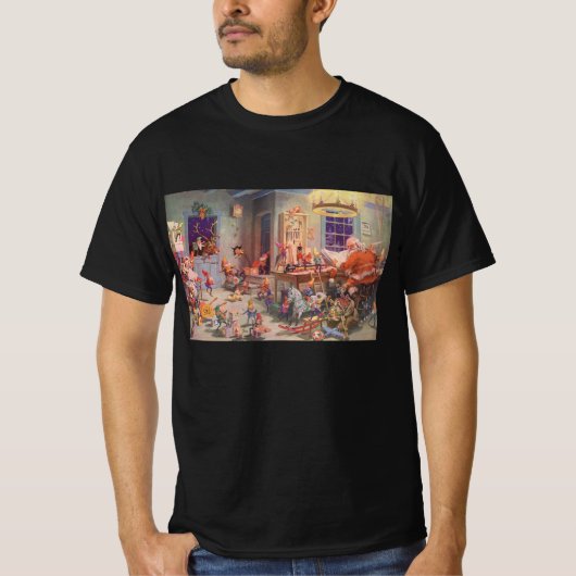 ヴィンテージ クリスマス サンタクロースとエルフの工房 Tシャツ (正面)