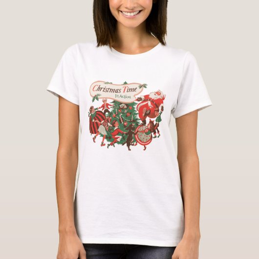 ヴィンテージ クリスマス サンタクロースと踊る子供たち Tシャツ (正面)