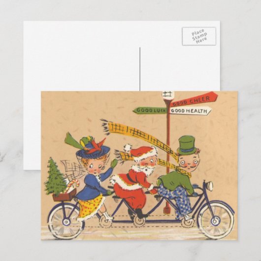 ヴィンテージ クリスマス、サンタクロースの自転車乗り シーズンポストカード (正面/裏面)