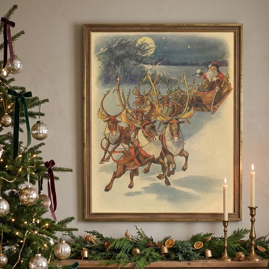 ヴィンテージ クリスマス サンタクロース ソリ トナカイ ポスター