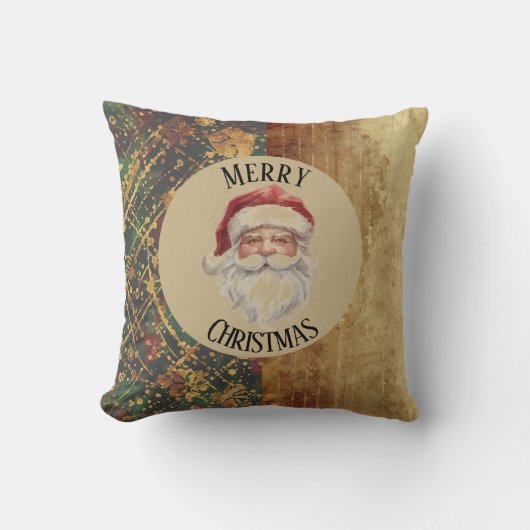 ヴィンテージ, クリスマス, サンタクロース, 赤 金色 緑 クッション (正面)