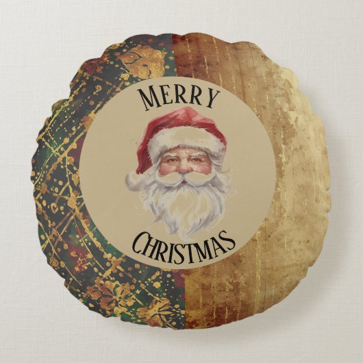 ヴィンテージ, クリスマス, サンタクロース, 赤 金色 緑 ラウンドクッション (正面)