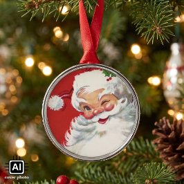 ヴィンテージ クリスマス サンタクロース、陽気でウインクする メタルオーナメント