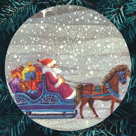 ヴィンテージ クリスマス、サンタクロース 馬そり ラウンドシール