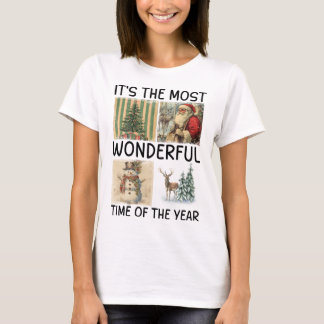 ヴィンテージ クリスマス サンタ 雪だるま ツリー トナカイ アート Tシャツ