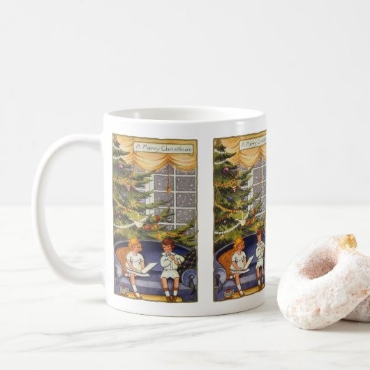 ヴィンテージ クリスマス、ソファに座る子供たち コーヒーマグカップ (ドーナツ)